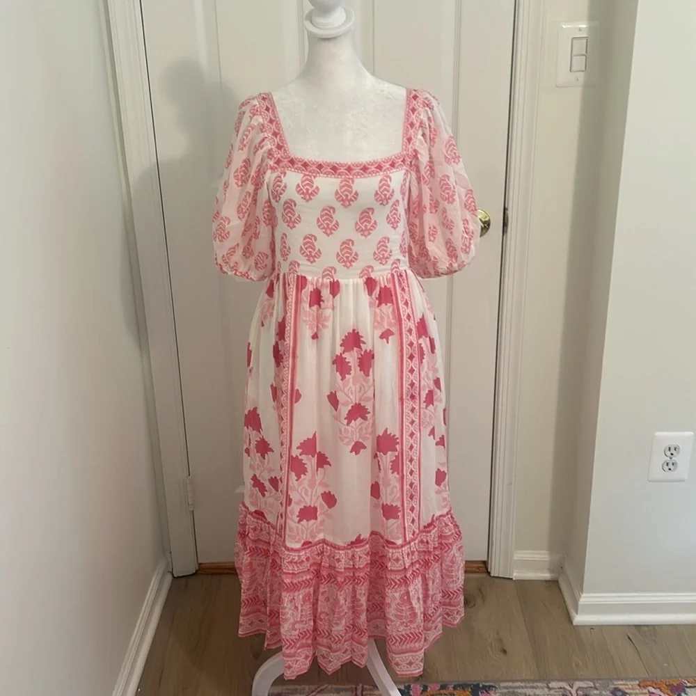 Tuckernuck Oliphant Puff Sleeve Midi Dress in Jaipur Pink & White NWT Size XS - Picture 7 of 14
